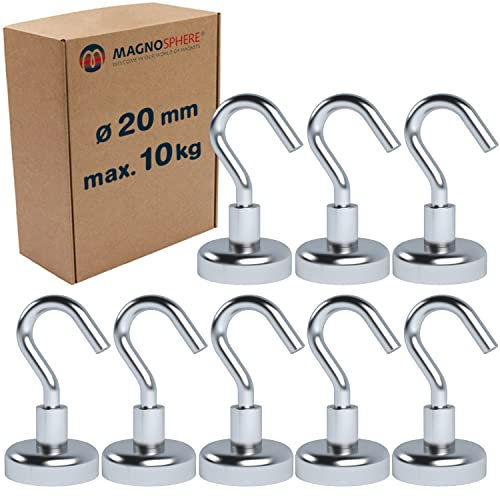 Magnethaken Extra Stark 10 kg Starke Neodym Magnet mit Haken Hakenmagnete Magnetische Haken Ø 20 mm für Küche Camping Grill Dekor Büro Lager Werkstatt Montage Kreuzfahrt - 8 Stück