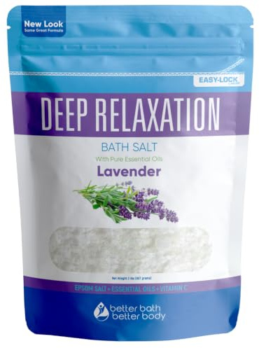 Deep Relaxation Bath Salt 32 Ounces Epsom Salt with Natural Lavender Essential Oil Plus Vitamin C in BPA Free Pouch with Easy Press-Lock Seal
