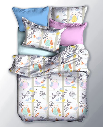 DecoKing 03947 155x220 cm Bettwäsche mit 1 Kissenbezug 80x80 Bettwäscheset Microfaser Reißverschluss Basic Collection Eule weiß grau rosa Minze gelb