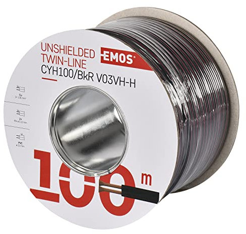 EMOS S8280 Câble en cuivre 2 x 1,0 mm² 100 m en cuivre pur pour basse tension Noir avec marquage polarité