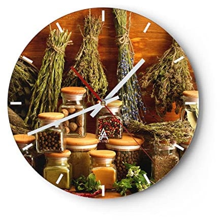 Modern Wanduhr Aromatisch duft Flasche kräuter 30x30cm Rund Klein Wand Uhr Glas Analog Zimmeruhren Küche Büro Wohnzimmer Glasuhr Wall Clock Dekoration Design Wanddekoration Küchenuhr C3AR30x30-2709