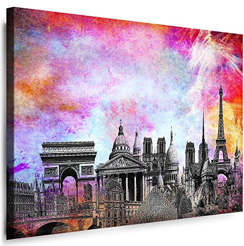 Paris Wandbild - 40 x 30 cm Querformat Bild - Leinwand mit Rahmen (Leinwandbild) Städte Kunstdrucke Skyline, Turm, Brücke Wanddeko St-01-43