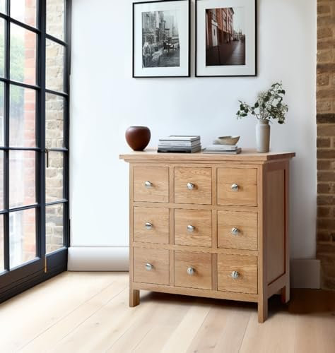 Hallowood Furniture Camberly Oak DVD CD Storage Unit, 9-Drawer CD Rack Media Oak Cabinet, Solid Wooden CD/DVD Storage Drawers, Holds 207 CDs or 63 DVDs