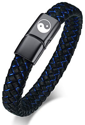 VNOX Herren Edelstahl Handgemachte Blaue Mikrofaser Geflochtene Leder Yin Yang Taoismus Bagua Magnetverschluss Manschette Armband Armreif