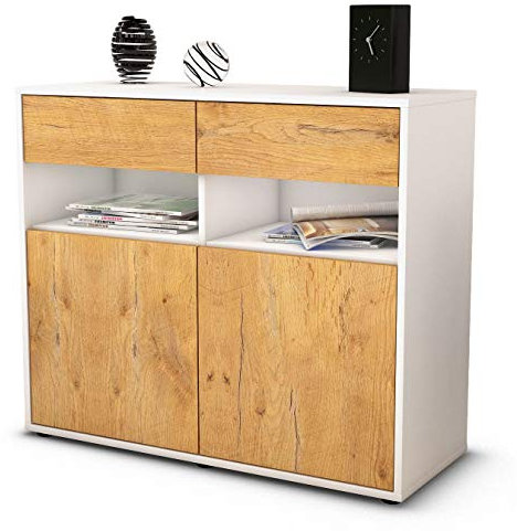 Stil.Zeit Sideboard Bruna, Korpus Weiss matt, Front Holz-Design Eiche (92x79x35cm) Push-to-Open Technik & Leichtlaufschienen