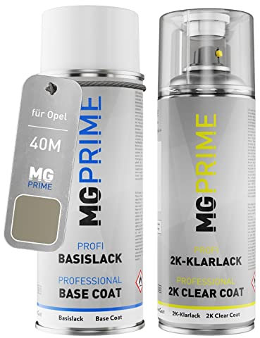 MG PRIME Autolack 2K Spraydosen Set für Opel 40M / 79Q AAU Lancelot Perleffekt/Champagner Silber Metallic Basislack 2 Komponenten Klarlack Sprühdose