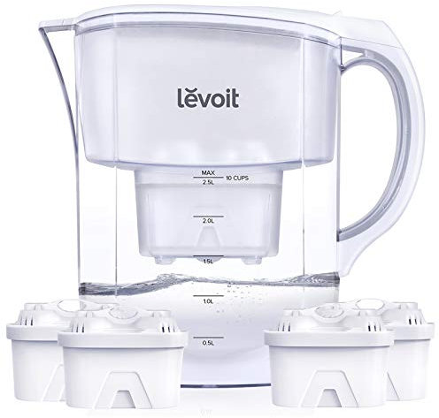 Levoit Wasserfilter 3.5 L Filterkanne XL inkl. 4 Aktivkohle-Filterkartuschen, Filter mit 5-Stufen Filtration zur Reduzierung von Kalk,Chlor und geschmacksstörenden Stoffen im Leistungswasser,BPA-frei