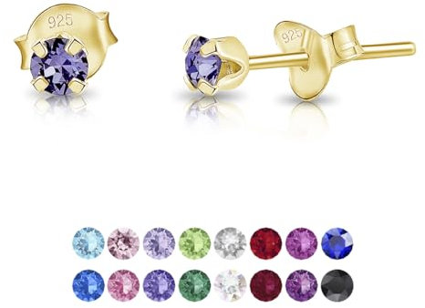 DTPsilver - Winzige Ohrringe 925 Sterling Silber Gelb Vergoldet mit Kristallen von Swarovski® Elements Runde Sehr kleine Ohrstecker - Durchmesser 3 mm - Farbe : Tansanit
