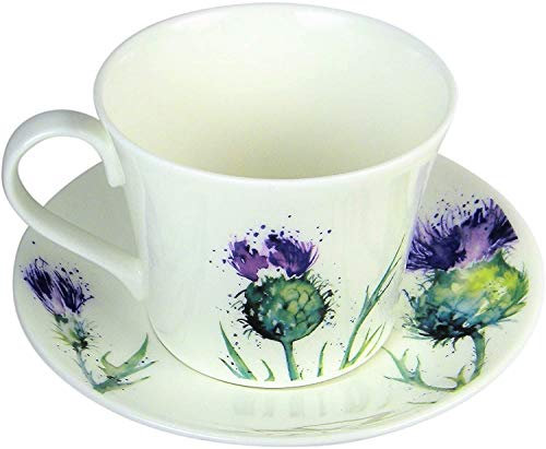 Roy Kirkham Jumbotasse & Untertasse Thistles - 0,4l Violett, Knochenporzellan, Tasse mit Untertasse, Tasse, 0.4l