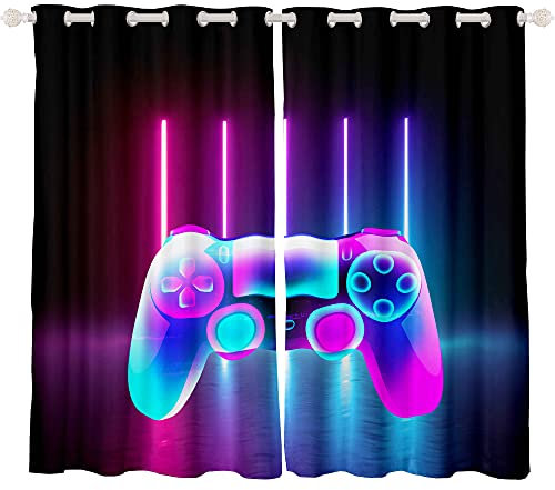 Feelyou Gaming-Vorhänge für Jungen und Jugendliche, Gaming-Vorhang für Schlafzimmer, Kinder, Gamer, Videospiel-Dekor, Neon-Spiel-Controller, Ösen, Fenster-Vorhänge, Set mit 2 Paneelen, Blau / Violett