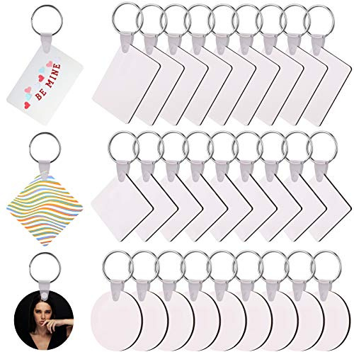 SAVITA 30 Pezzi Portachiavi Vuoto Sublimazione per Trasferimento di Calore MDF con Anelli per Realizzazione Fai da Te (Rotondo, Quadrato, Rettangolare)