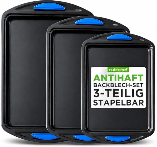 NutriChef Baking Trays for Oven Nonstick 3 Piece Set – Stackable Carbon Steel with Blue Silicone Handles, Large Medium Small Baking Sheets, PFOA PFOS PTFE Free