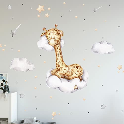 WANDKIND Giraffe auf der Wolke V312 Wandtattoo | handgezeichnet | AUFKLEBER Kindergarten | Wandsticker Kinderzimmer Deko Klebefolie Giraffen mit Sterne Giraffenkuh (40 x 40 cm)