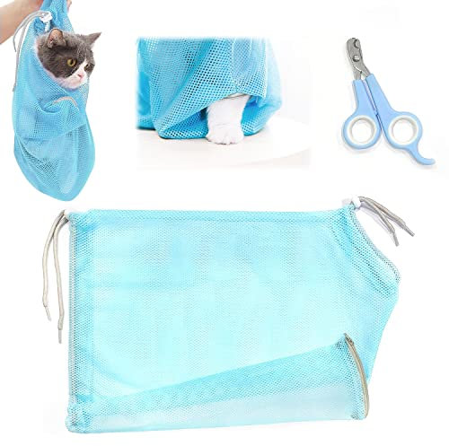 QEEQPF 1 Satz Haustier Nagelschere & Katze Fellpflege Tasche, Netztasche zum Baden Nagelschere Reinigung und Behandlung, Professionelle Katzenschere Kleintier Welpen Nagelschere (Blau)