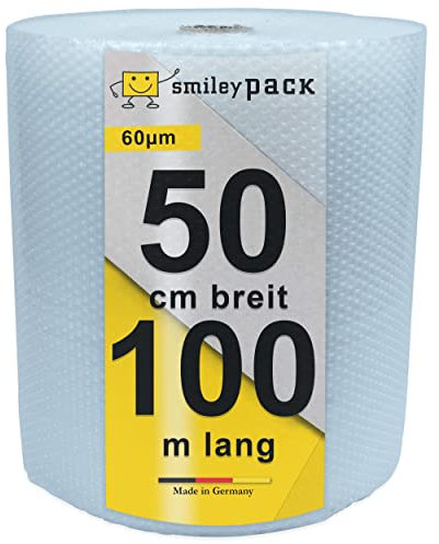 smiley pack 2 x Luftpolsterfolie Breite 0,5 x 100 m Bubble Wrap Polsterfolie Fläche 50 qm Dicke 60 my Bläschenfolie Noppenfolie Einpackfolie Blisterfolie Luftpolster Verpackungsmaterial (2)