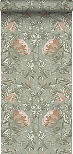 ESTAhome papier peint fleurs vintage vert grisé et vieux rose - 139419-50 x 900 cm