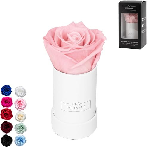 Infinity Flowerbox - 1 echte Infinity Rosen (3 Jahre haltbar ohne Wasser) - Direkt mit Geschenkverpackung geliefert I Handgefertigt in Berlin I Geschenk für Frauen (Rosa Rose in weißer Box)