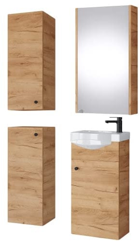 Planetmöbel Badmöbel Set Waschtisch mit Unterschrank 40 x 60 x 29 cm mit Spiegelschrank 40 cm, 2X Midischränke für Badezimmer, Gäste WC & Bad, Gold Eiche