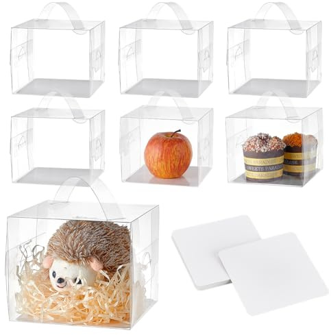 NBEADS 12 Stück hängende transparente Geschenkboxen, 13x13x13cm klare Süßigkeitenschachtel Rechteck PVC Favor Boxen mit Papiermatte Griff für Süßigkeiten Kuchen Schokoladenformen Ornamente Geschenke