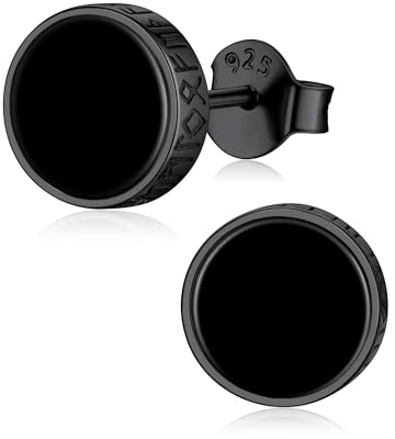 ChicSilver 925 Sterling Silver Earrings for Men, Hypoallergenic 8MM Viking Rune Men's Earring, Natural Black Onyx Mens Stud, Fathers Day Christmas Jewelry
