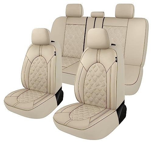 CAROMOP Luxuriöse Autositzbezüge aus Leder, komplettes Set, wasserdichte Sitzschoner mit geteilter Sitzbank für Autos, universelle Auto-Innenbezüge für Limousinen, SUVs, Pick-up-LKW (beige/beige