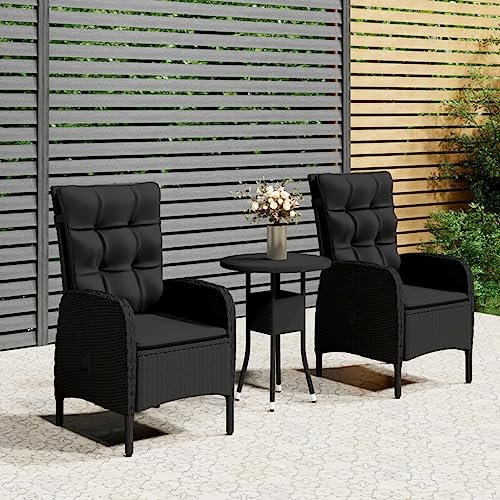 Tidyard 3-TLG. Bistroset Balkonset Gartenset Rattan Tisch und Verstellbar Hochlehner Stühle, Auflagen und Kissen, Sitzgruppe, Schwarz