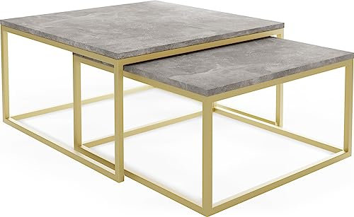 WFL GROUP Rechteckige Quadratische Satztische Couchtische mit Gold Gestell - Loft Style Couchtische Metallbeine - 2 in 1 - Zwei Industrielle Getrennte Tische für Wohnzimmer - Beton Grau
