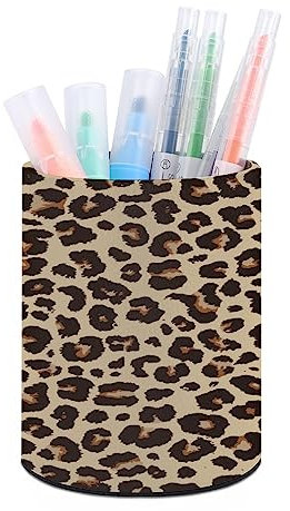Quteprint Pot à crayons rond pour bureau, imprimé léopard, pot à crayons de bureau, organisateur de maquillage, boîte de rangement pour la maison, le bureau, les enseignants, cuir