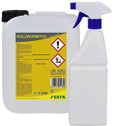 FESTA Holzwurmtod Holzwurm EX Holzwurmschutz Schädlingsbekämpfung Holzschutz 5 L + 500ml Sprühflasche