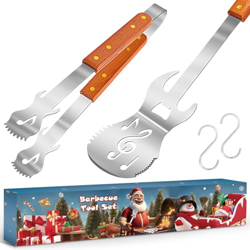 Barbecue Spatula - Stainless Steel Barbecue Cutlery with Wooden Handle and Bottle Opener Function, Outdoor Grill Accessories with Barbecue Tongs, Personalised Grill Gifts for Men