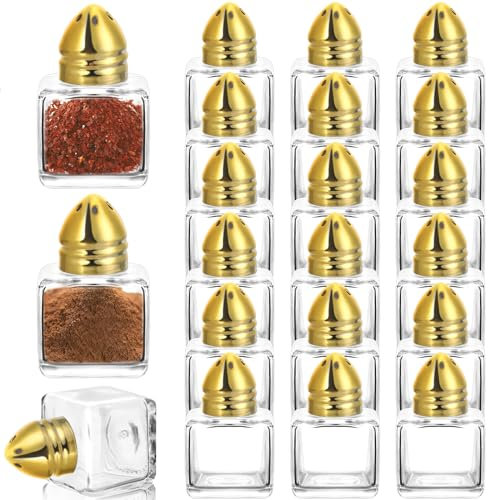 RUIYELE 18 Pcs 0.5 oz Cube Small Salt and Pepper Shakers with Tone Top Clear Mini Glass Spice Shakers Spice Salt Shakers for Wedding Party Home Restaurant Kitchen (Gold with Funnel)