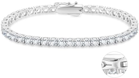 KRKC&CO Tennisarmband Silber 925 für Damen, 4mm Tennis Armband Weißgold beschichtet, Zirkonia Kristall Armband Iced Out, Geburtstag Geschenk für Frauen Mädchen [Größe 17,8cm]