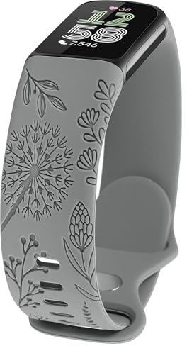 TOYOUTHS Löwenzahn Floral Gravierte Armband Kompatibel mit Fitbit Charge 6/Charge 5 Armband Damen, Frauen Blume Fancy Cute Weich Silikon Sport Solo Loop Armbänder für Charge 6, Grau