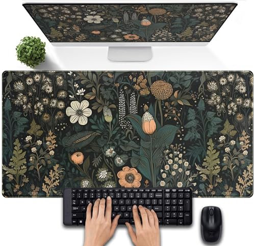 Grand tapis de souris à fleurs foncées, grand tapis de souris esthétique, tapis de souris pour clavier XXL, tapis de souris complet pour femme, accessoires de bureau, 80 x 40 cm
