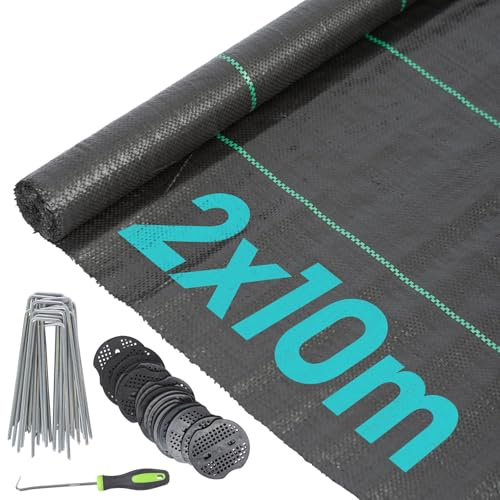 Harbour Housewares Schwarz 2m x 10m 110gsm Unkrautbekämpfungsmembran Set mit Heringen und Platten - Schwerlast Garten Stoff Gras Bodendecker Blatt Rollen