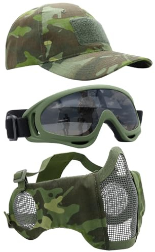 Yzpacc Airsoft Maske mit Brille, Faltbare Half Face Airsoft Mesh Maske mit Ohrenschutz für Paintball Schießen Cosplay CS Spiel