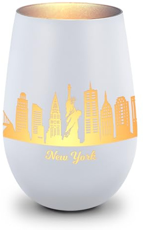 GRAVURZEILE Deko Windlicht aus Glas mit Gravur - Skyline New York - Hochwertige 360° Lasergravur - Dekoratives Geschenk als Andenken, Souvenir oder für Sammler zum Geburtstag - Farbe: Weiß/Silber