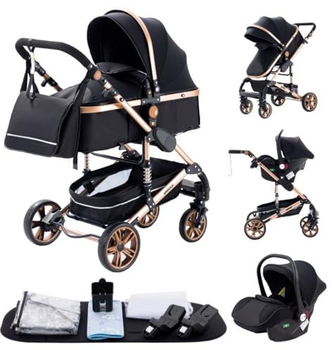 GLOKID Poussette 3 en 1，Poussette Canne，Trio，Avec Siège Accessoires，Adaptateurs Universels，Landau Bébé jusqu'à 25 kg，4 roues avec amortisseurs，Nacelle，Grandes Roues，pliage d'un clic (739 Noir or)