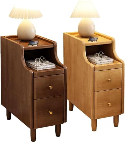 Nachtkommode, schmal, Nachttische, 2er-Set, mit 2 Schubladen und offenem Nachttisch, Bett-Beistelltisch, schmaler Vintage-Nachttisch aus Vollholz, braun, für Schlafzimmer