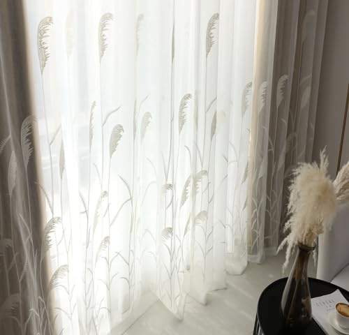 Homxi Voile Gardinen Halbtransparent 2er Set,2 x 132W x 138H cm,Tüll Vorhang Kinderzimmer Weiß Blätter Muster Gardinen Nach Maß mit Ösen