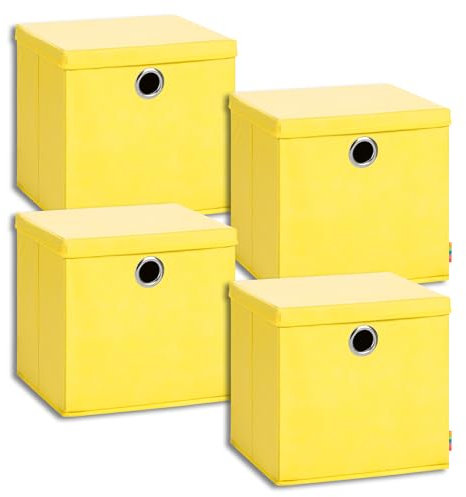 Storanda | 4er Set Aufbewahrungsbox 34x34x33 cm mit Deckel | Extra Große Griffe | Stabil & Faltbar | Regalbox für Würfelregal | Ideal für Zuhause & Kinderzimmer | Gelb