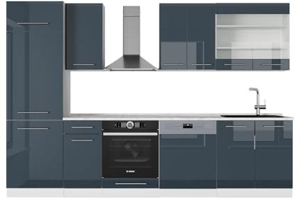 Vicco Küchenzeile Fame-Line, Dunkelblau Hochglanz/Weiß, 300 cm ohne Arbeitsplatte, passend für Flexible Küchenplanung und modulare Erweiterung