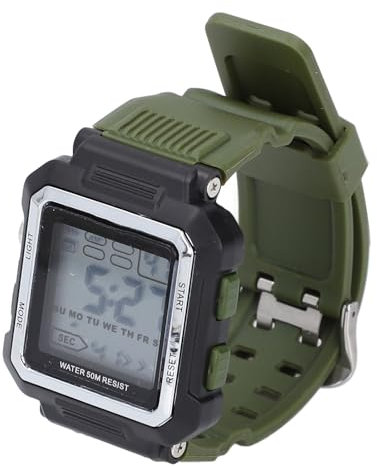 Fabater Montre de Surf pour Hommes, Rétro-éclairage LED, en Acier Inoxydable, 12 24 Heures, Montre Numérique, Chronomètre, Alarme, Calendrier pour la Course à Pied (Vert OD)