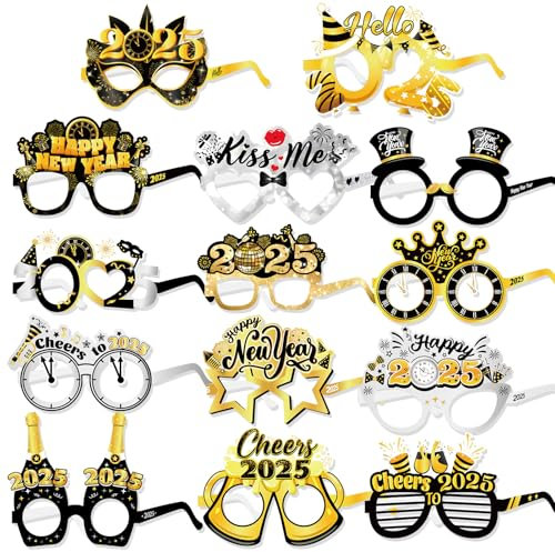 DPKOW 28Stk 2025 Neujahr Papier Brillen, Lustige Partybrille für 2025 Silvester Foto Requisiten Accessoires 2025 Silvester Gastgeschenke, Silber Schwarz gold, Hallo 2025 Frohes Neues Jahr Brillen