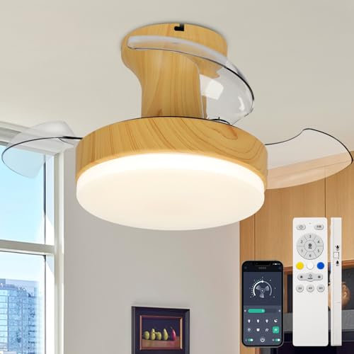 DJChen Lampadario Con Ventilatore Da Soffitto Con Luce E Telecomando, Retrattili Lampadario Con Ventola Con Pale A Scomparsa,Led Dimmerabile, Motore DC Reversibile, Per Camera Da Letto - Legno Colore