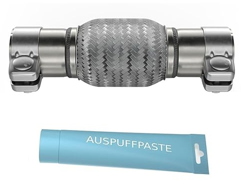 Flexrohr Universal Flexstück Wellrohr Hosenrohr Flexibles Rohr Edelstahl Interlock Ø45 x 100 x 200mm mit 2 Schellen inkl. Auspuff Kitt.Einbau ohne Schweißen