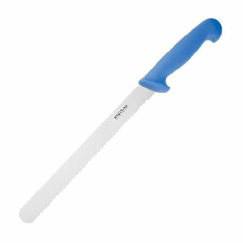 Hygiplas Serrated Slicer Blue 24.8cm - Sharp Stainless Steel Blade, Dishwasher Safe - Ideal to Cut Raw Fish FX120