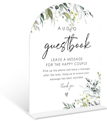Greenery Audio Guest Book Sign, 6 x 8 Inch White Arch Acrylic Wedding Sign with Holder, Wedding Sign for Ceremony and Reception, Wedding Decoration, Wedding Supplies - LY29