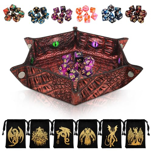 Byhoo Drehbar Drachenauge Würfel Set für DND, 7 Stück Grün Polyedrische Würfel Mit Drachenauge Enthält D20, Würfelset DND Zubehör Starter Set Von Null Zum Meister für DND Geschenk