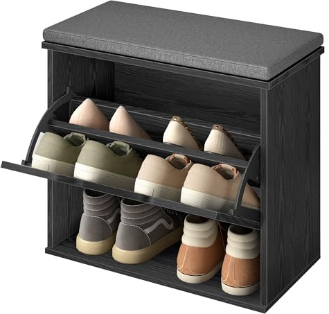 VASAGLE Banco Zapatero Acolchado, Mueble de Recibidor de 3 Niveles para 6 Pares de Zapatos, Cajón Abatible, 30 x 60 x 53,5 cm, para Entrada, Dormitorio, Negro Ébano y Gris Pizarra LSB121BE01
